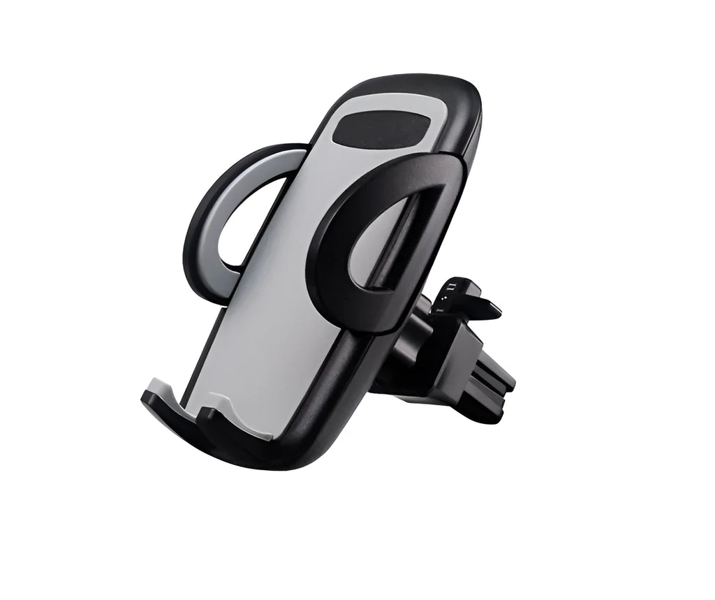 Black plastic car vent mobile phone holder with adjustable arms for universal device compatibility