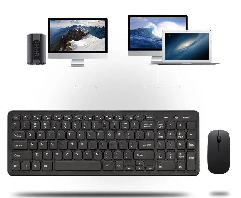 Wireless keyboard and mouse set in multiple colour options showing compact design and USB receiver