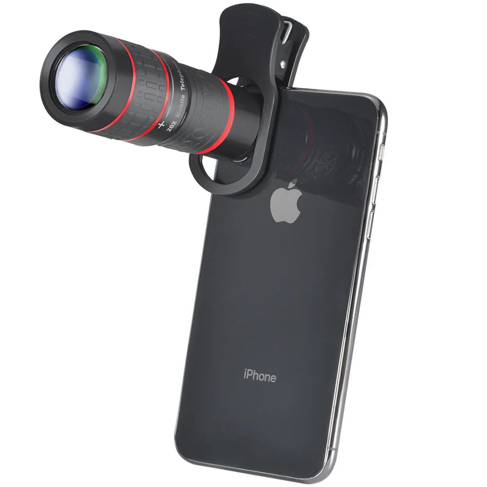 20x magnification mobile phone telescope lens with universal clip and single eyepiece on a smartphone.