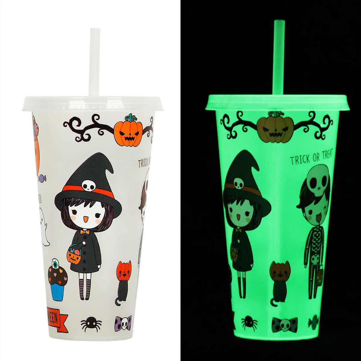 Halloween-themed plastic sippy cup with luminous straw showing six colour options