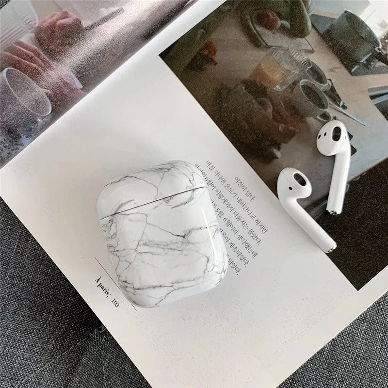 White marble effect protective hard case for Apple AirPods 1 and 2 wireless earphones