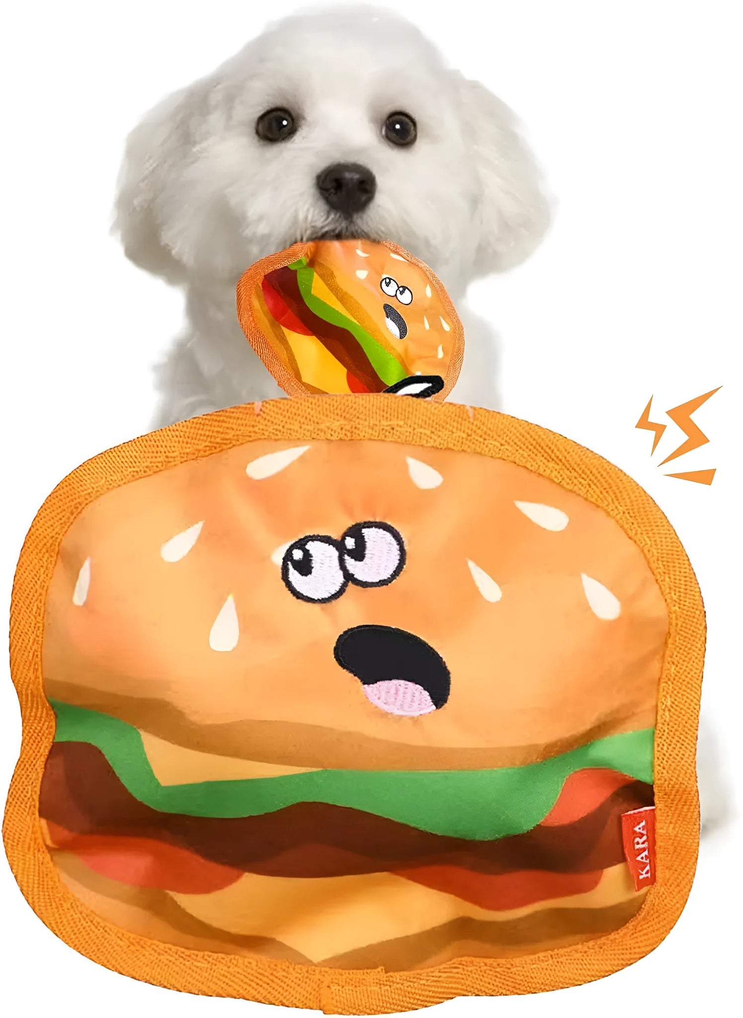 Food-shaped dog chew toys including hamburger, fries, hot dog and pizza designs with crinkle and squeak features
