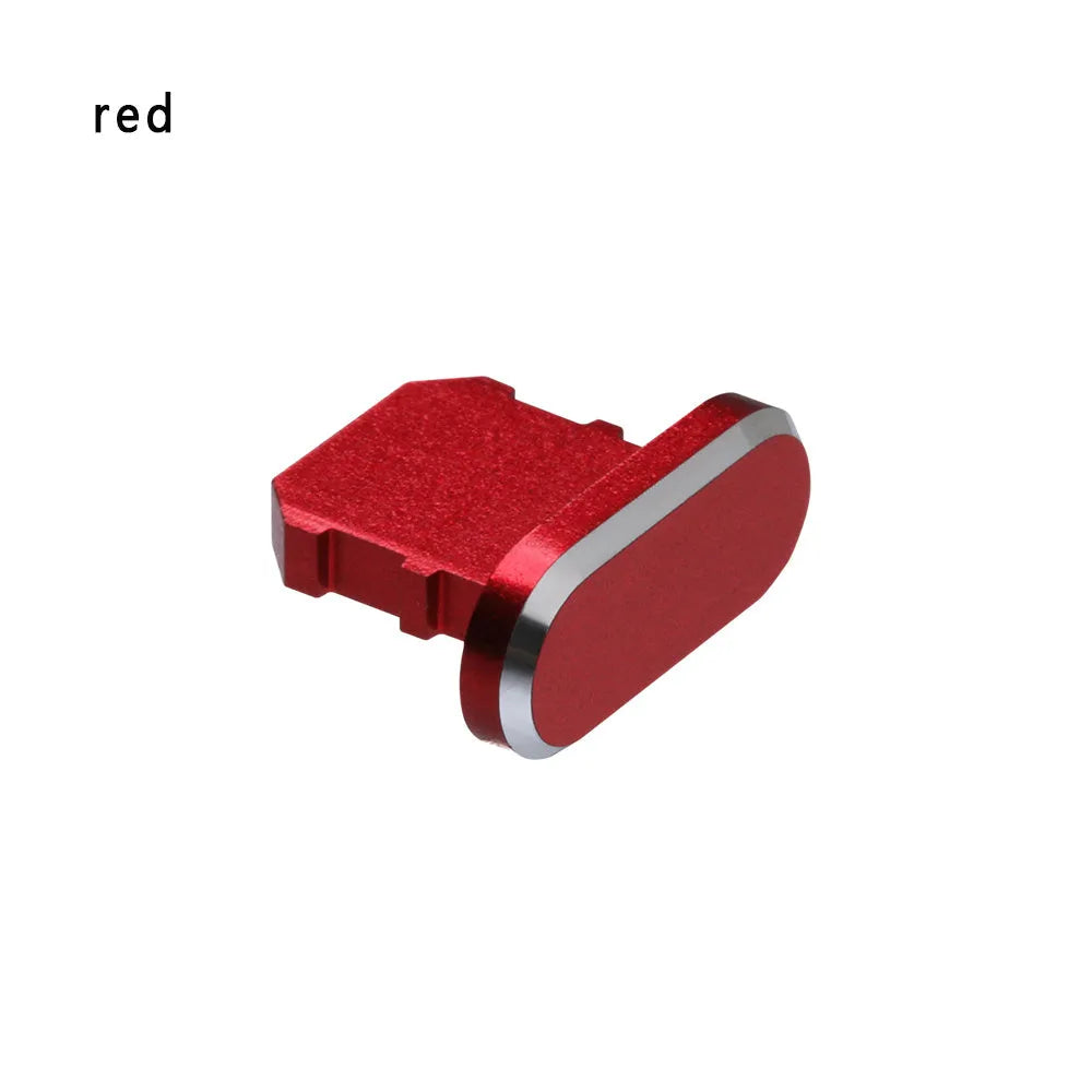 Aluminium alloy charging port dust plug for iPhone in various colours including gold, silver, blue, and rose gold.