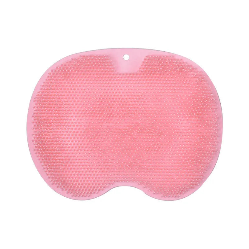 Orange silicone bristle bath brush with suction cups on base, size 23x30cm, for foot and back cleaning.