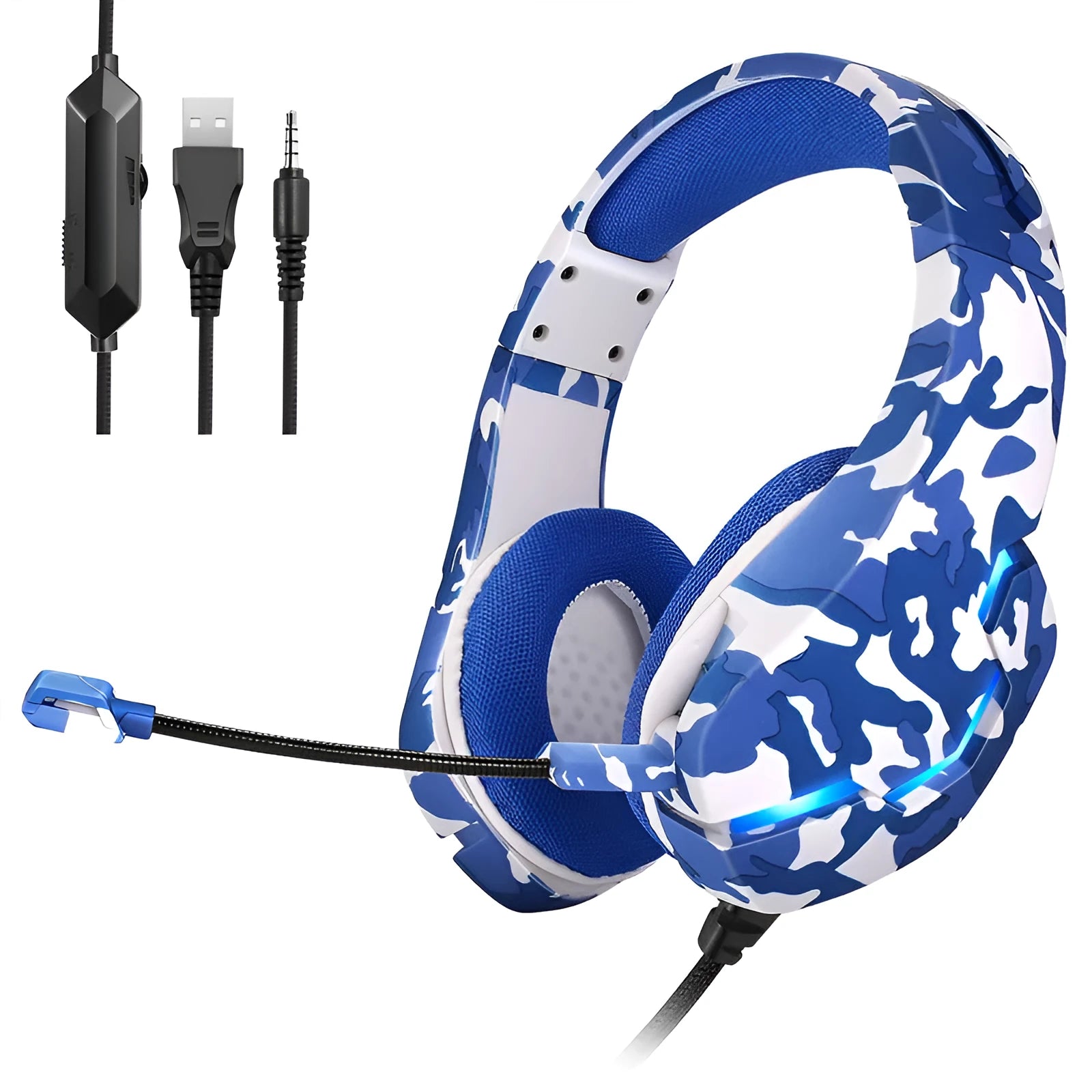 Eat Chicken wired gaming headset with microphone in camouflage blue with braided cable