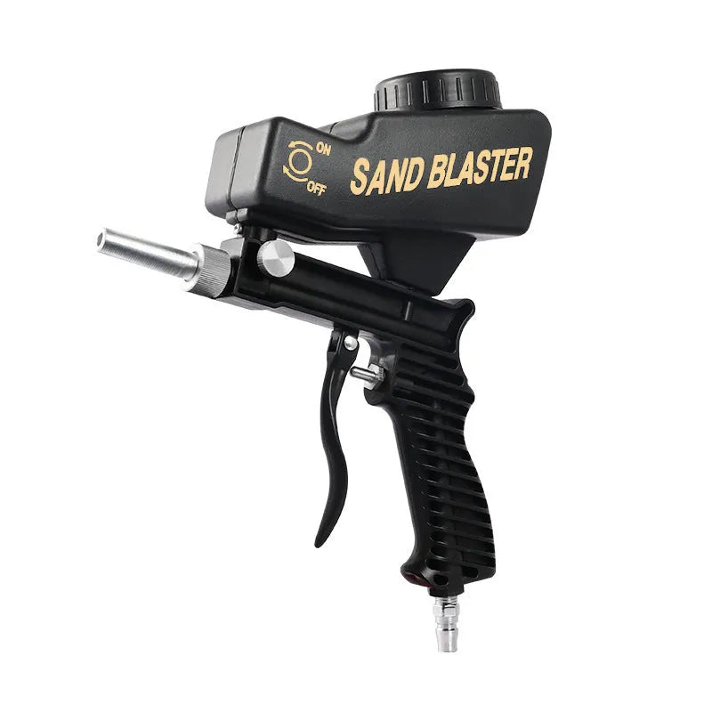 Portable black pneumatic sandblasting gun with tank and nozzle for rust removal.