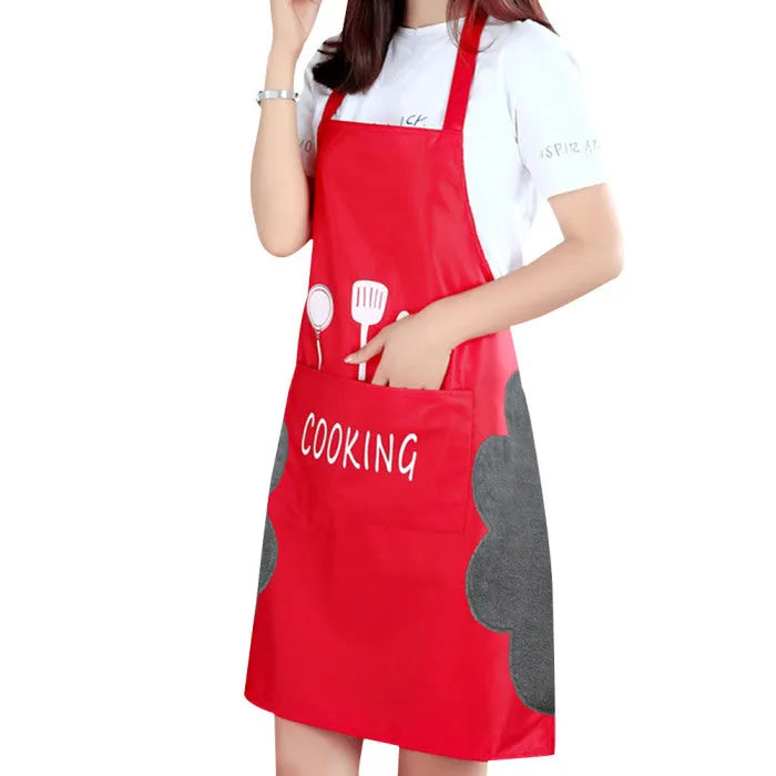 Sleeveless waterproof kitchen apron in coral velvet, shown in multiple colour options.