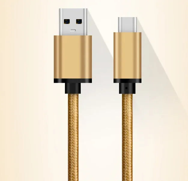 USB Type-C charging cable with metal casing and gold connectors in silver colour