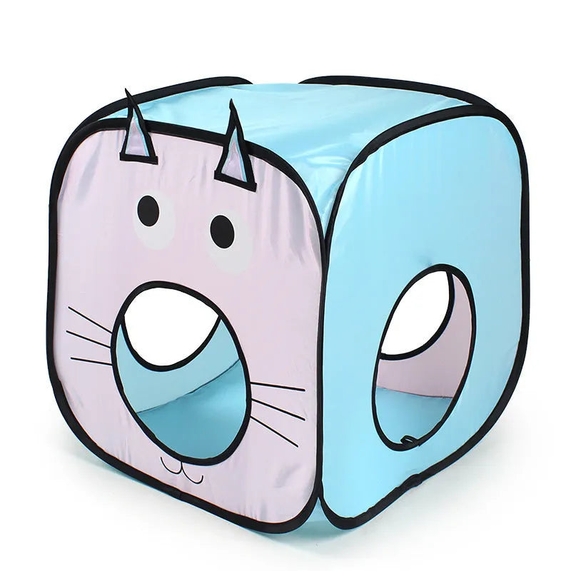 Foldable pet tent and tunnel play set with cat fish design displayed assembled