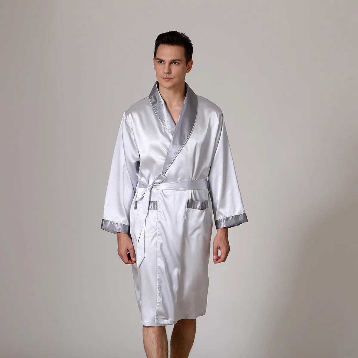 Men's lightweight rayon bathrobe for summer in various colour options showing simple construction