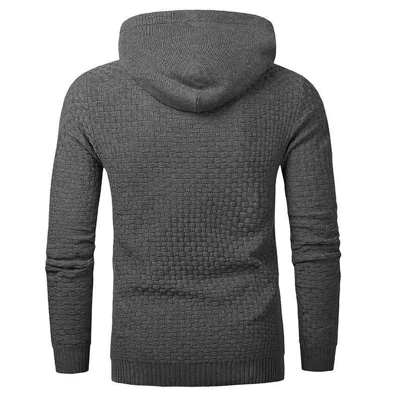 A men's hoodie sweater in a cotton-polyester blend, shown in one of nine available colours including black, navy, or grey.