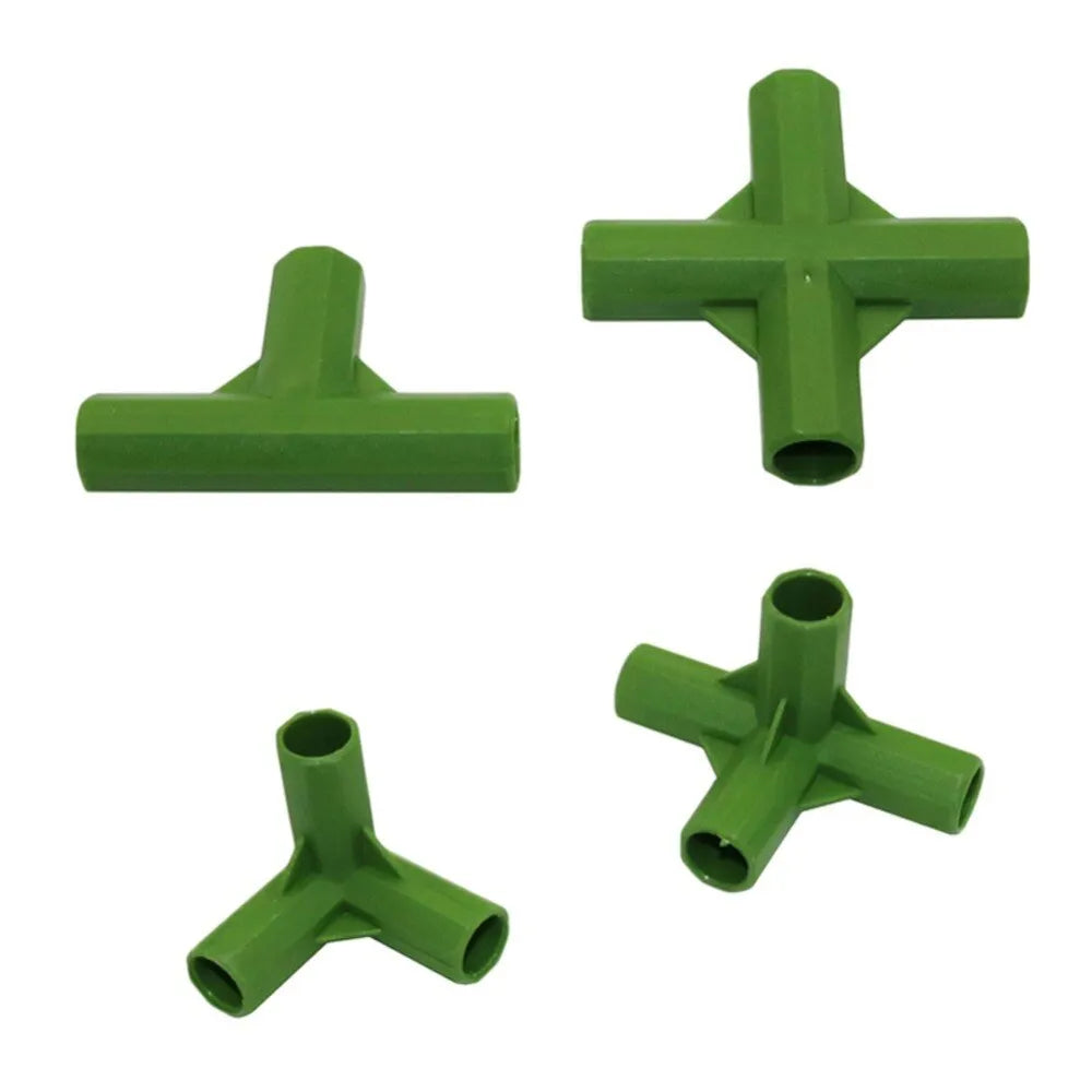 PP plastic three-way and four-way plant support connector joints for 11mm garden poles.