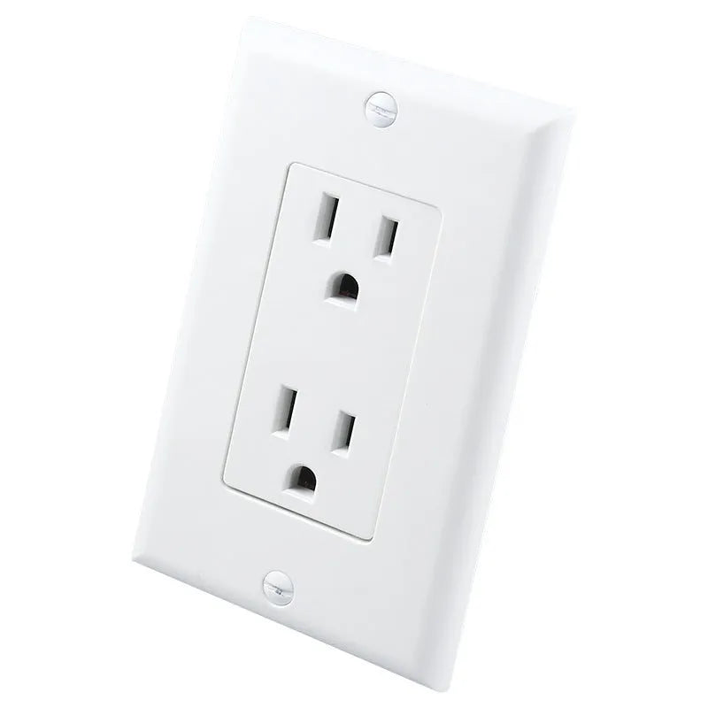 White plug-in LED socket cover night light with automatic sensor installed on a wall outlet.