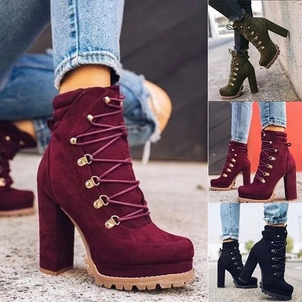 Women's suede ankle boots with thick high heels, round toe, and buckle details in army green