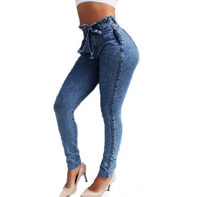 Fringed jeans in cowboy fabric showing decorative fringe trim along hem in available colours