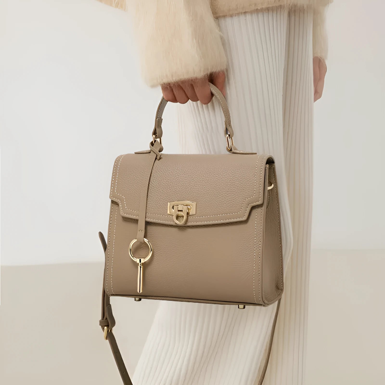 Elephant grey vintage lock handbag in genuine leather with three-dimensional pockets