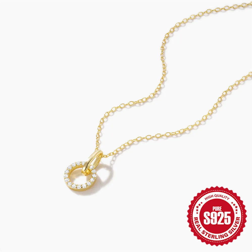 Gold tone adjustable sterling silver clavicle chain with interlocking micro inlaid zircon geometric design