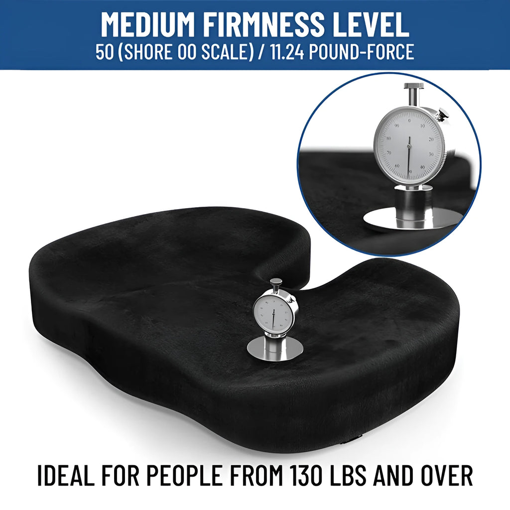 Black U-shaped memory foam office seat cushion showing contoured design for hip support