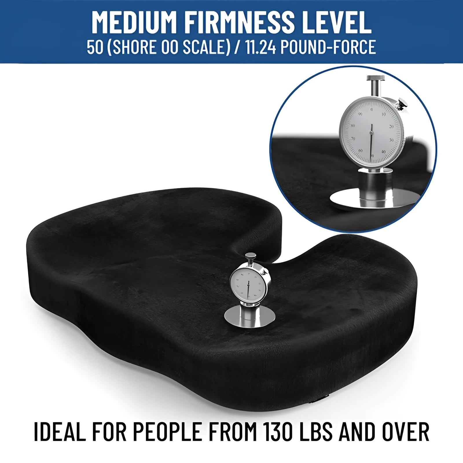 Black U-shaped memory foam office seat cushion showing contoured design for hip support