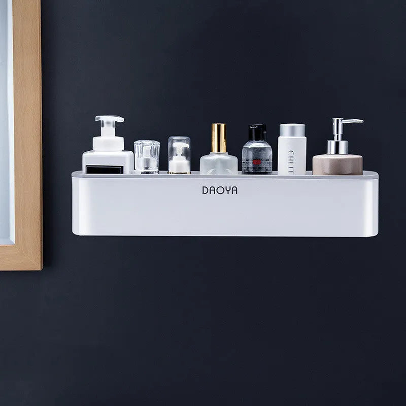 Plastic bathroom wall shelf with hole-free installation on a polished wall
