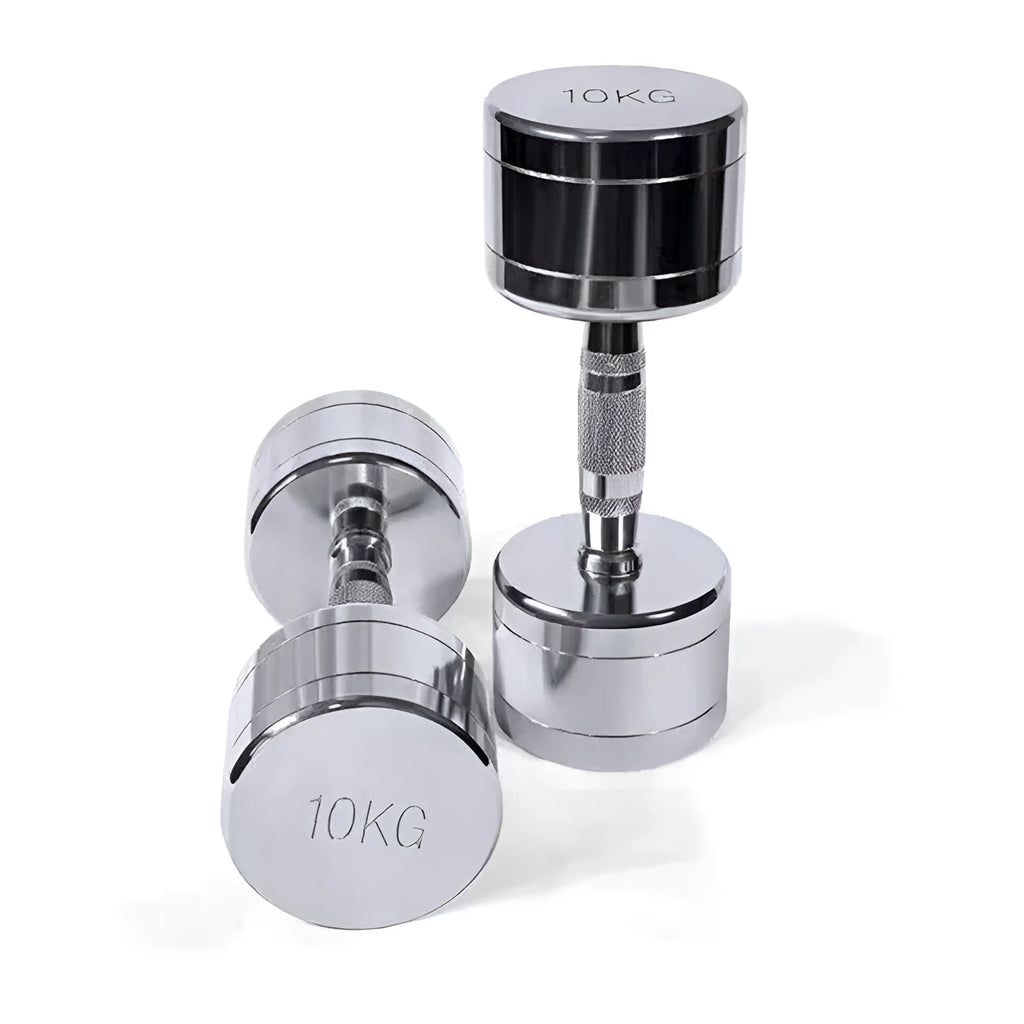 Silver pure steel dumbbell with hexagonal grip on a grey background.