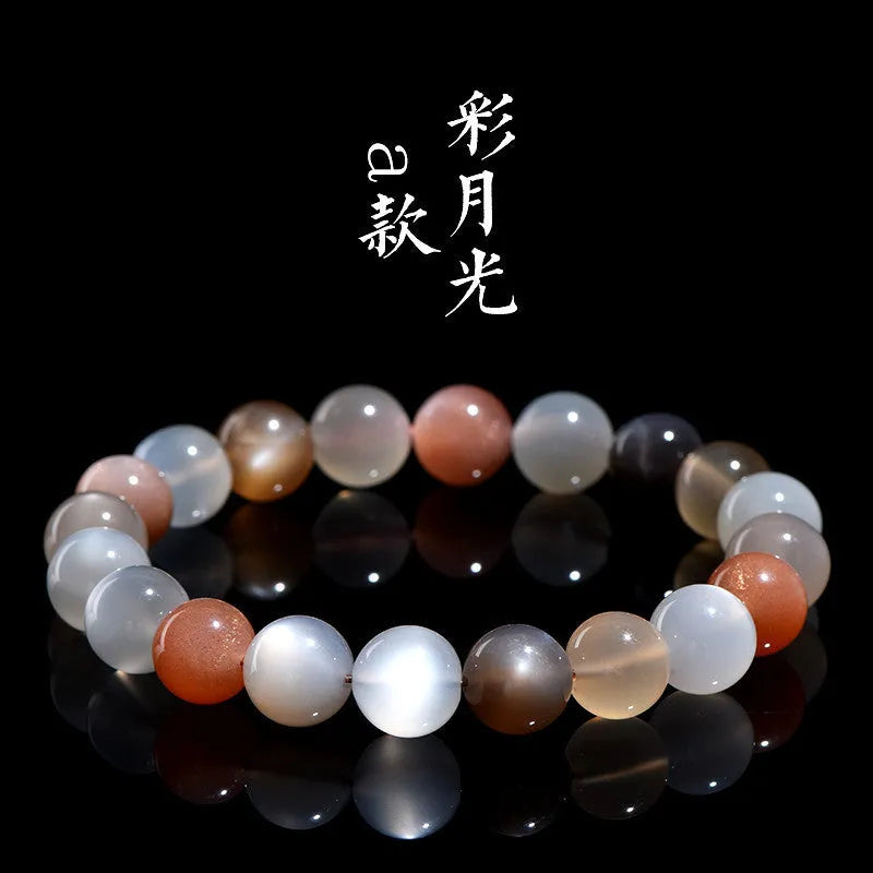 Natural moonstone bracelet with 8mm beads in colourful moon light colour variation