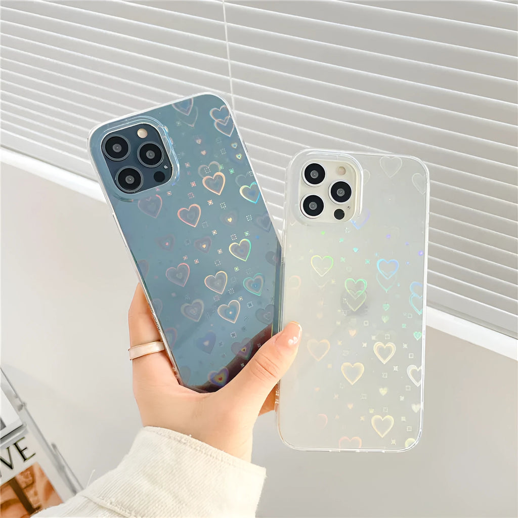 Transparent silicone iPhone case with a colourful laser love heart design.