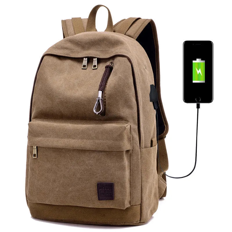 Canvas backpack with USB charging port shown in khaki colour