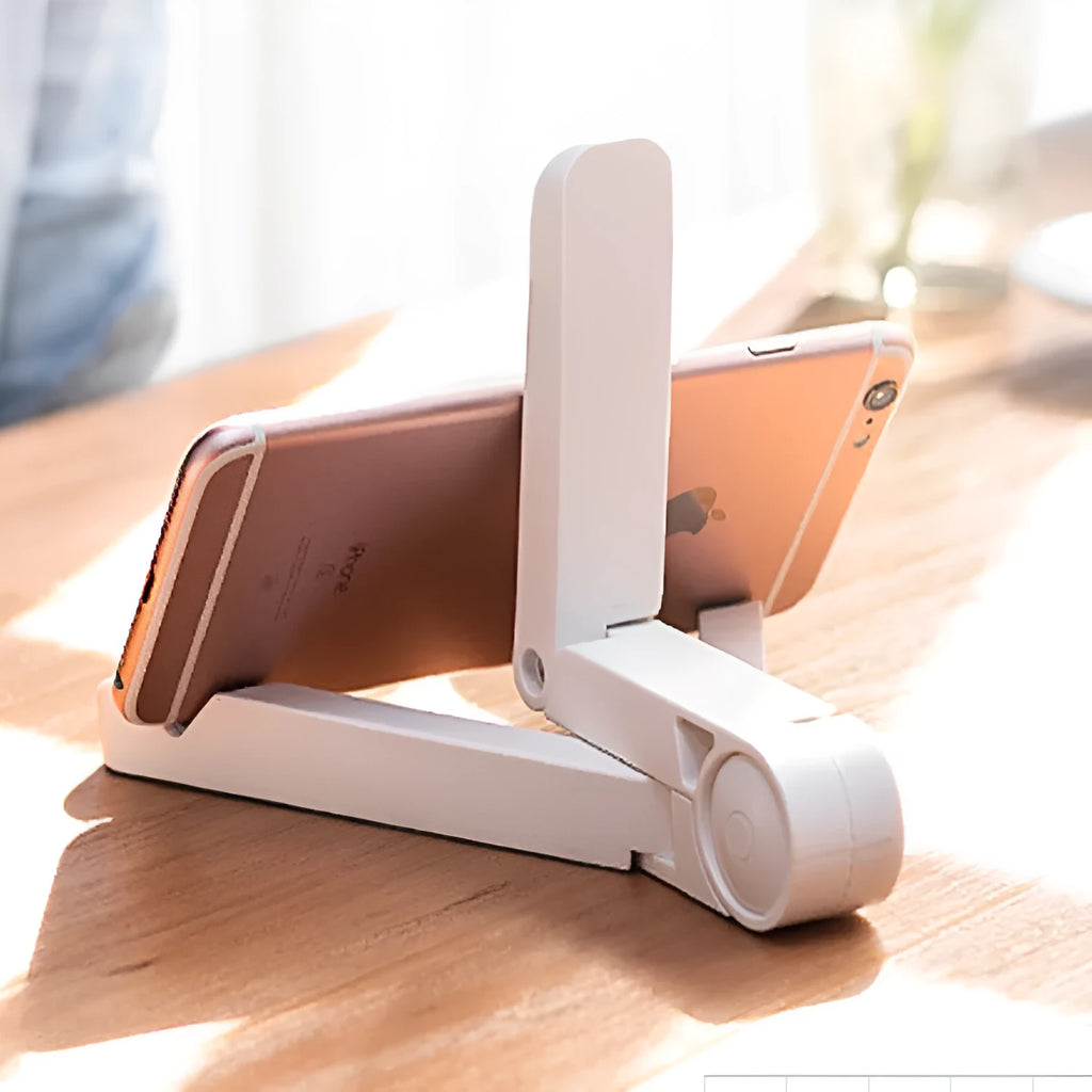 Black foldable tablet holder open in landscape mode holding a smartphone, showing side adjustment buttons.