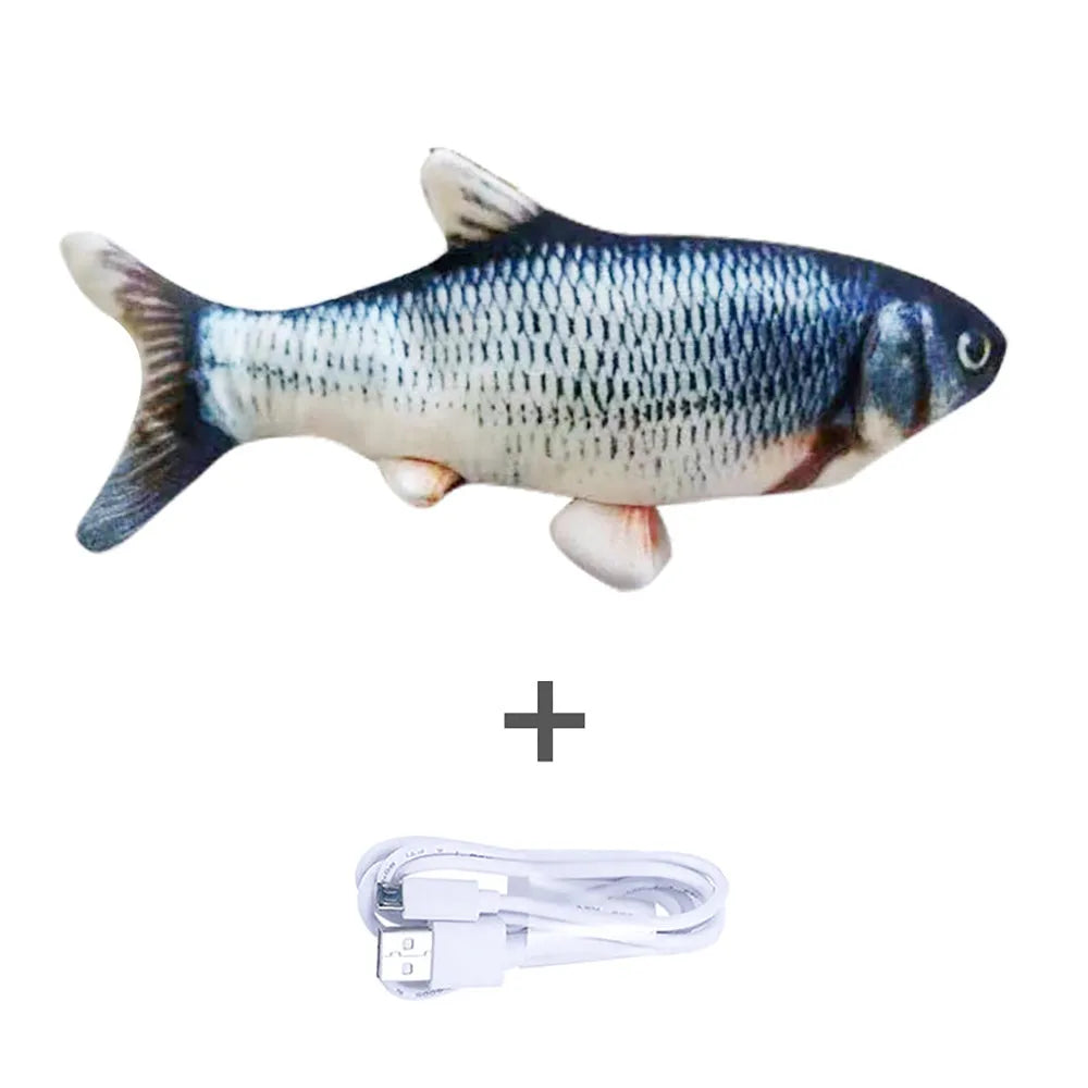 Electric jumping fish simulation cat toy showing multicolor options and USB charging cable.