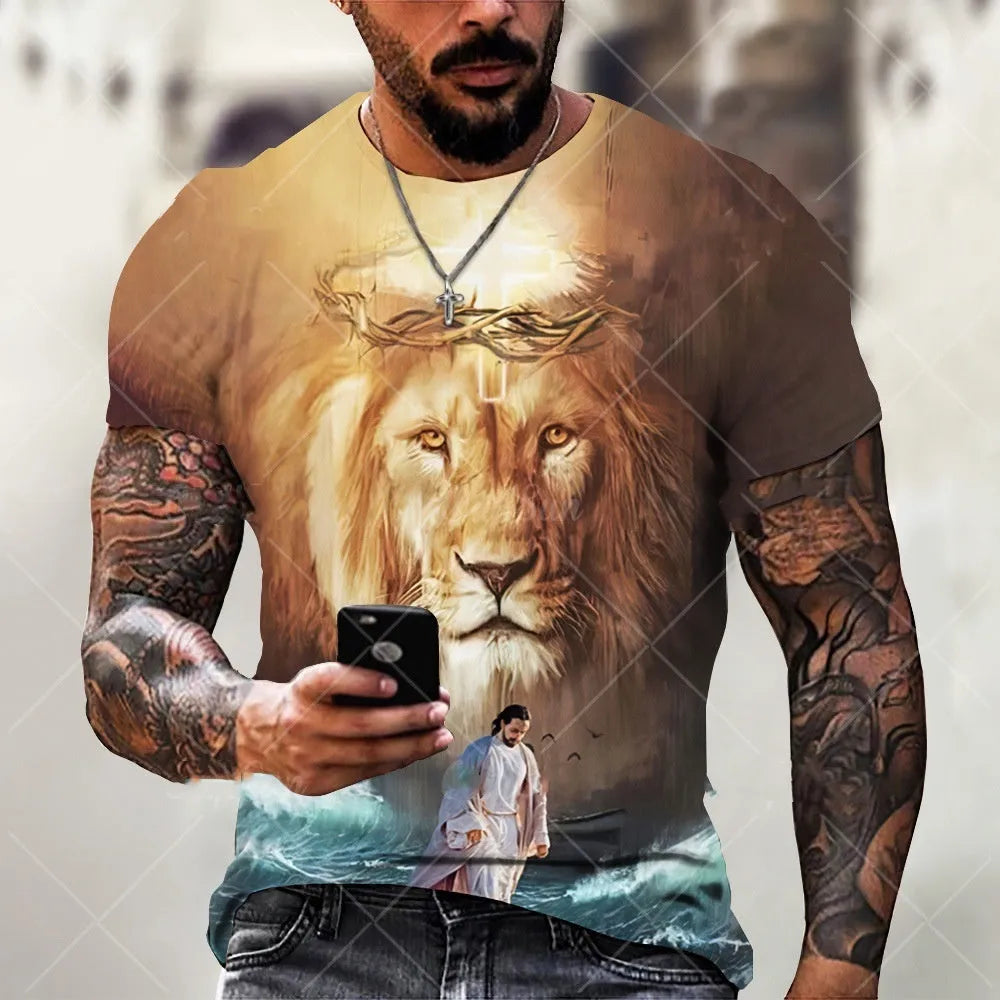 Men's grey T-shirt featuring a detailed 3D raised print of Jesus Christ, with short sleeves and a casual fit.
