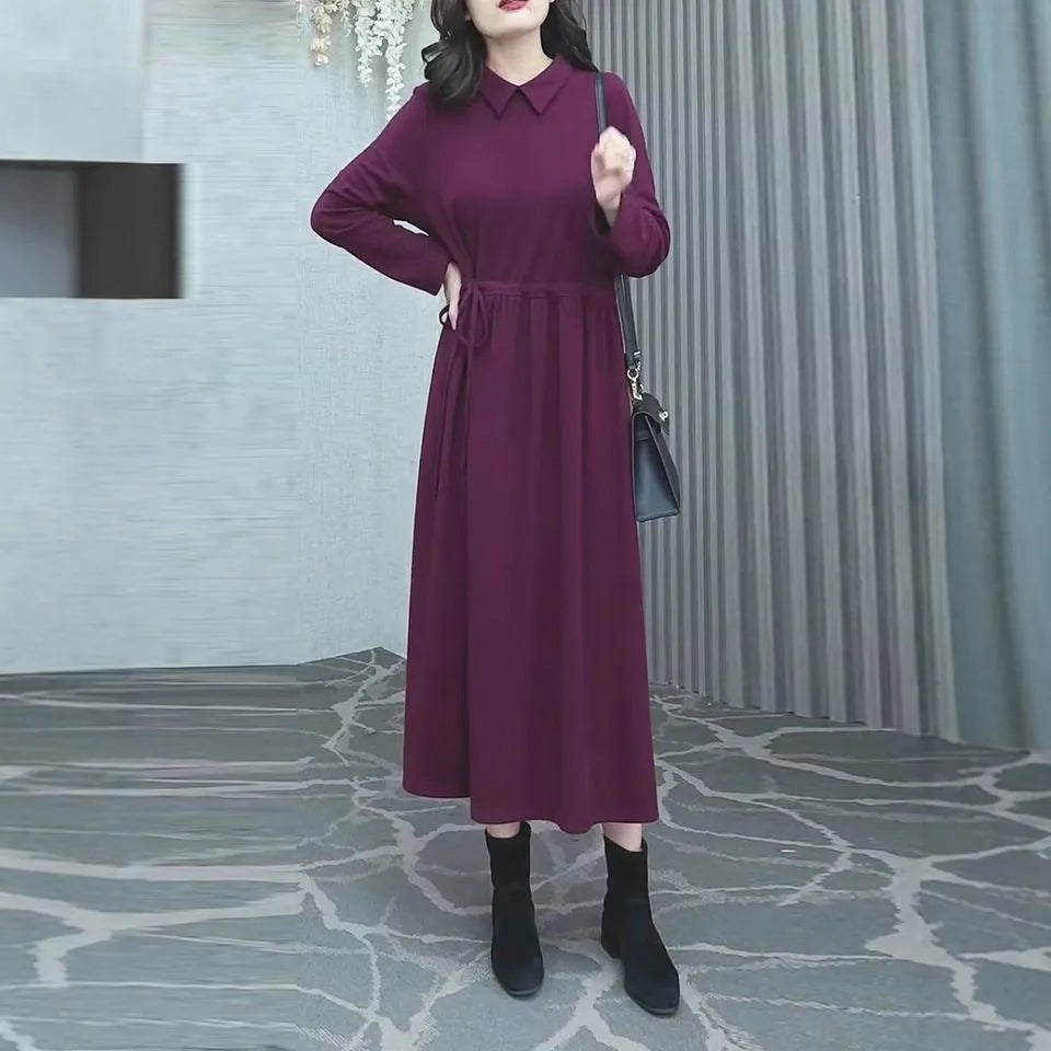 Purplish red women's long sleeve maxi dress with urban style design for autumn and winter wear