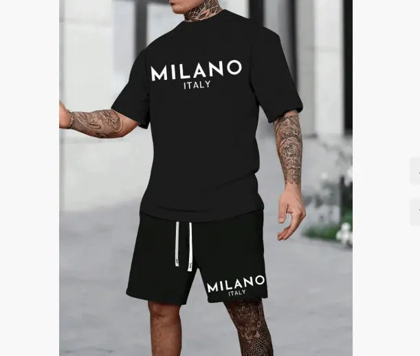 European style round neck short sleeve polyester suit set with matching shorts in multiple colours