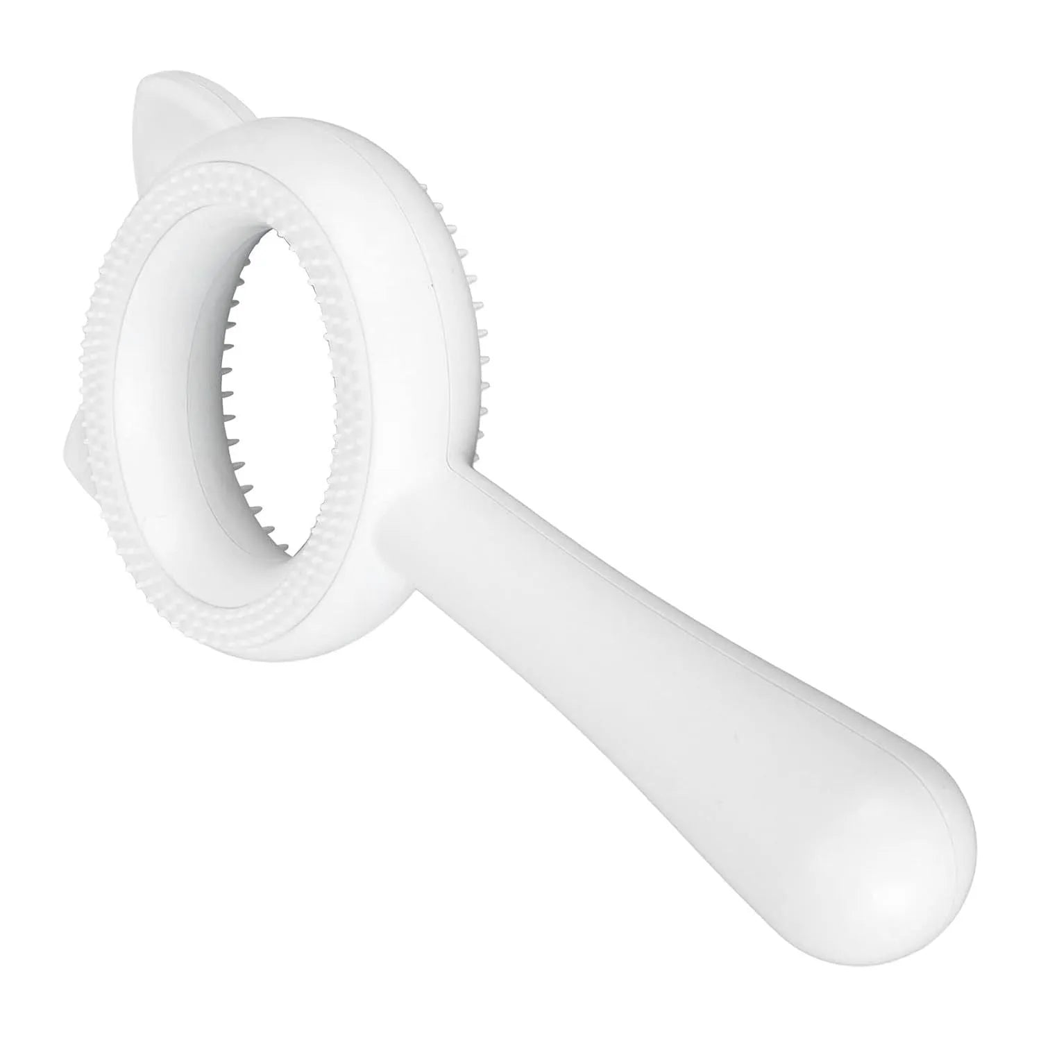 Double-sided pet grooming brush with ergonomic handle shown in blue and white colour options