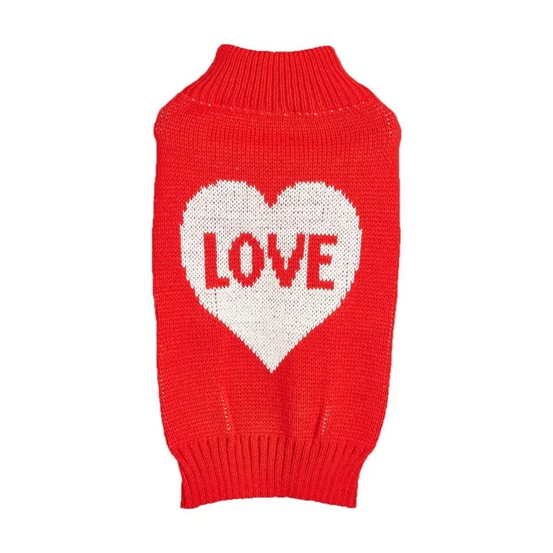 Red love heart motif dog sweater on small dog with bow decoration