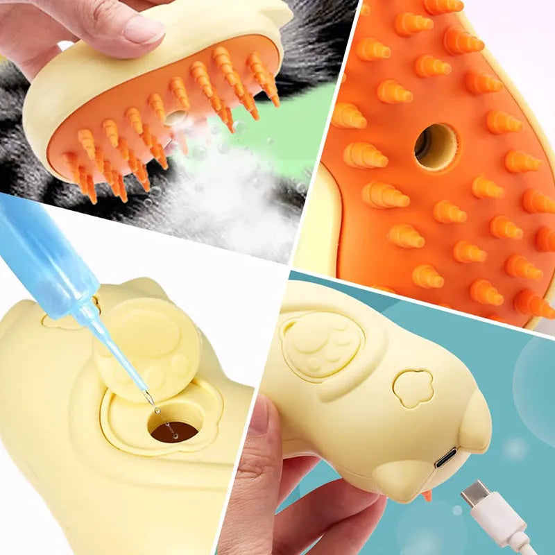 3-in-1 steam cat brush with massage function for pet grooming