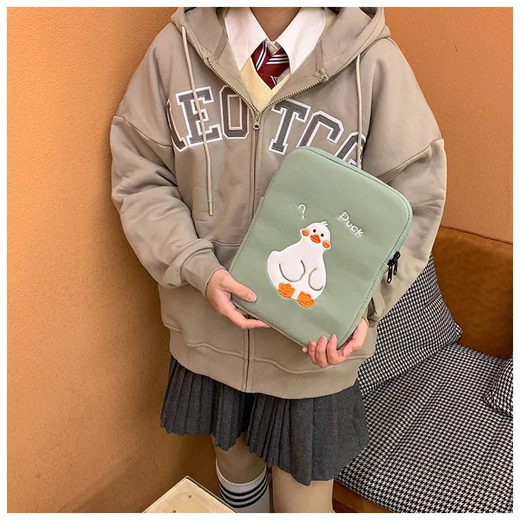 Cotton tablet case with embroidered cartoon duck design and zipper closure