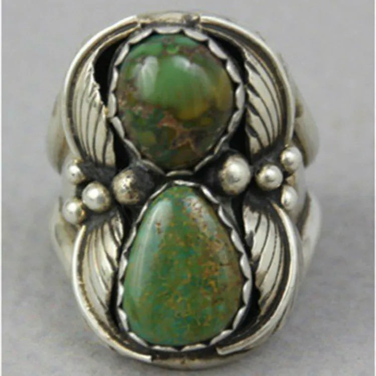 Geometric women's ring with turquoise retro inlay in electroplated alloy, showing side and top views