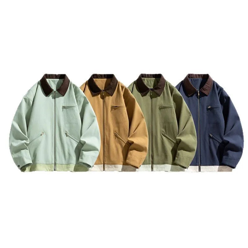 Men's American retro workwear jacket with contrast colour lapels, loose fit autumn styling