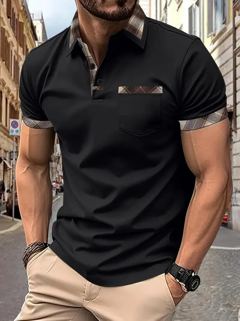 Men's loose fit colourblock plaid t-shirt with zip decorations in multiple colour options