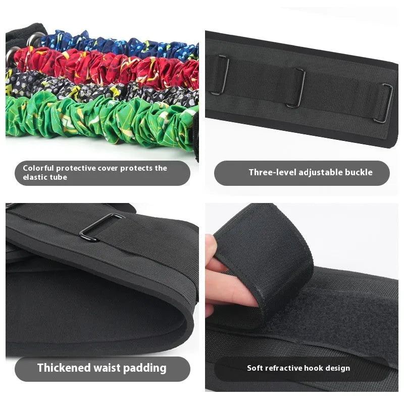 Fitness chest expander elastic belt with red, blue, black, and green resistance sleeves on a TPE tube.