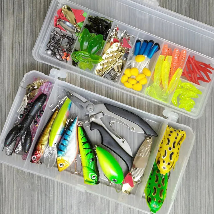 142-piece fishing lure suit with hard mino baits, sequins, fishhooks and metal fishing pliers