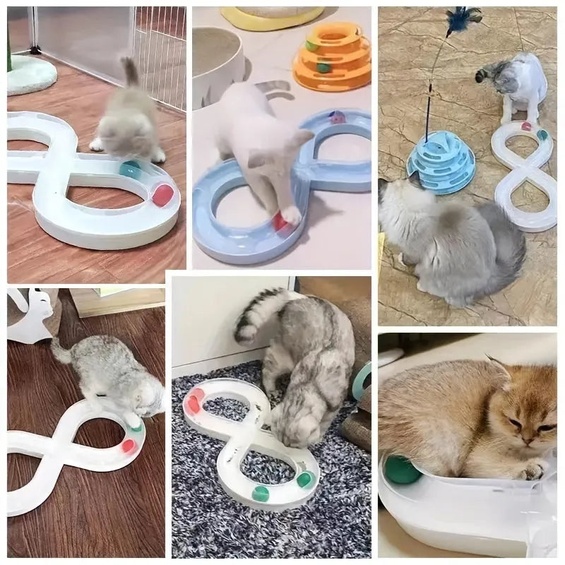 Blue interactive cat toy with turntable track ball system and teasing stick for self-play and owner interaction