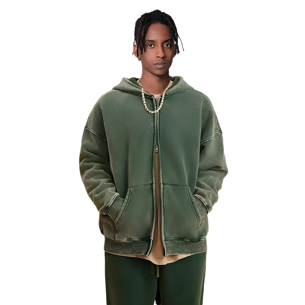 Man's dark green fleece-lined hooded cardigan sweater with a double zip front.