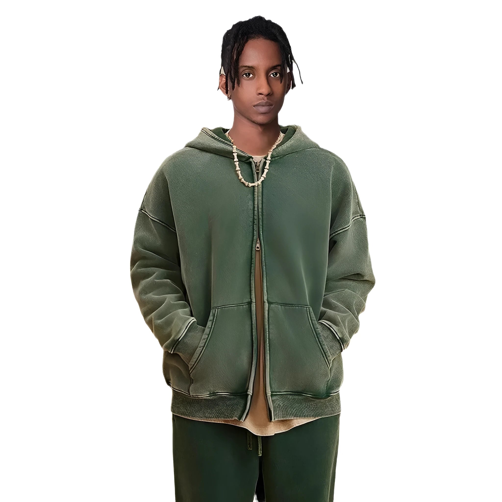 Man's dark green fleece-lined hooded cardigan sweater with a double zip front.