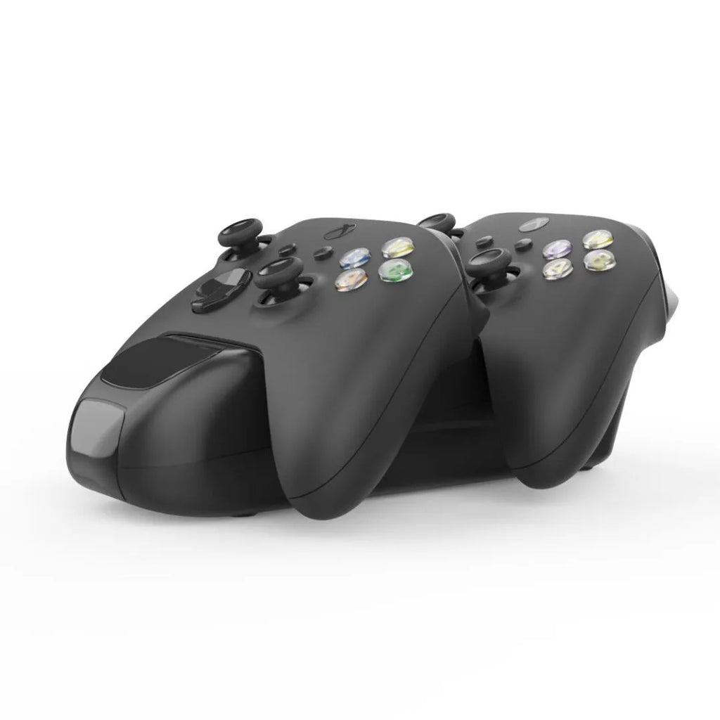 Black Xbox Series X dual controller charging station with LED indicators and two battery packs