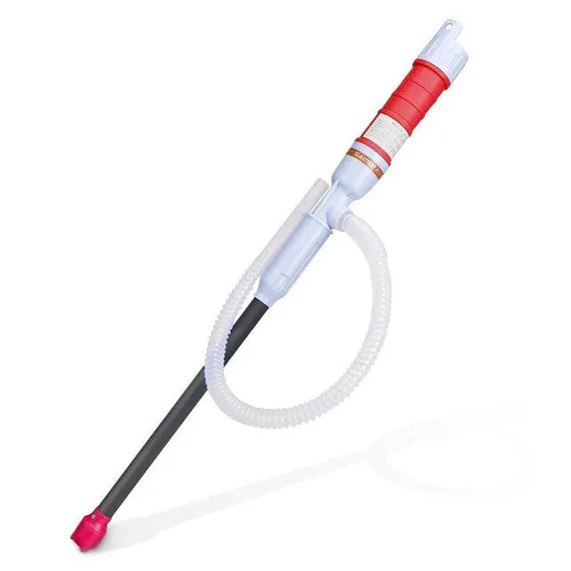 Blue manual hand siphon pump for transferring fuel and liquids.