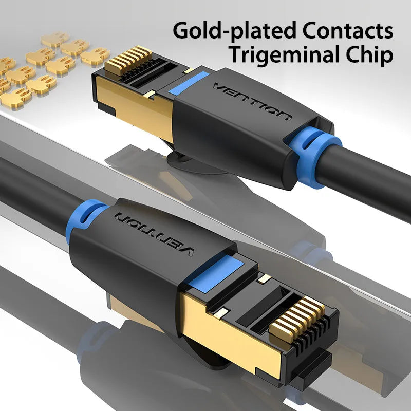CAT8 shielded flat and round network cable with RJ45 connectors for 10G gaming