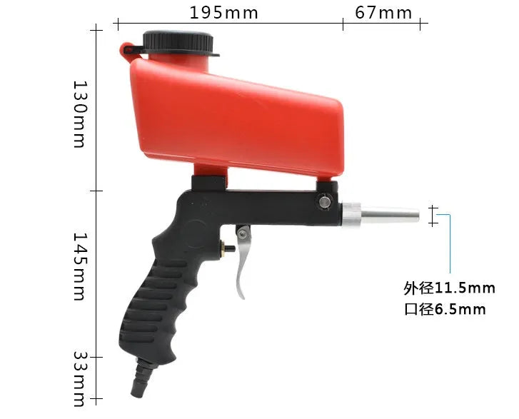 Portable black pneumatic sandblasting gun with tank and nozzle for rust removal.