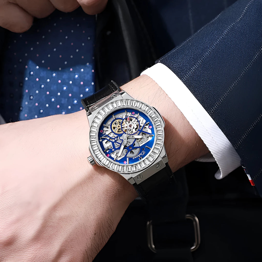 Automatic men's watch with diamond studded hollow dial and stainless steel case in business style